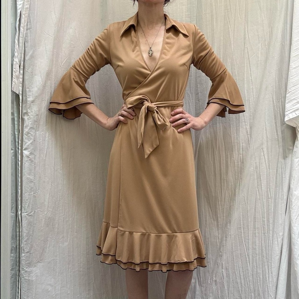 Tan‎ Wrap Dress with ruffles and bell sleeves vintage y2k